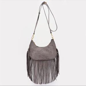 Gray Suede Fringe Crossbody Bag - Women's Shoulder Bag 9.5” wide 7” tall 3” deep